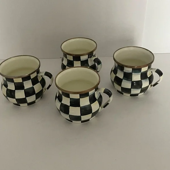 Mackenzie-Childs Courtly Check Coffee Mugs or Teacups Black & White Set of 4 - Picture 1 of 5